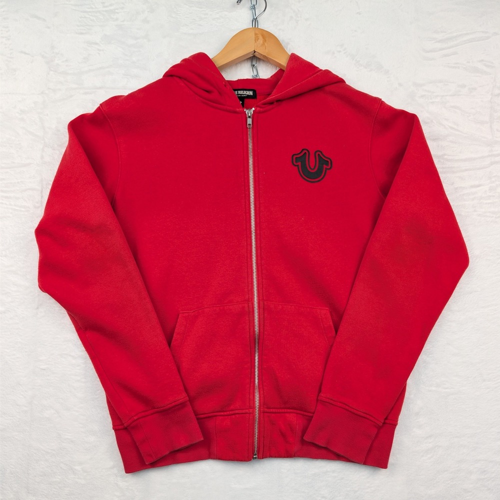 True Religion Hoodie Mens M Red Buddha Graphic Full Zip Streetwear Fleece Boxy